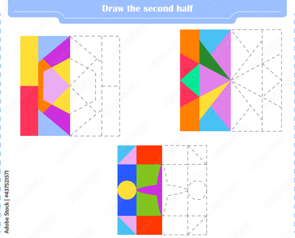 Educational game for children. Circle and color the second part of the shapes. 