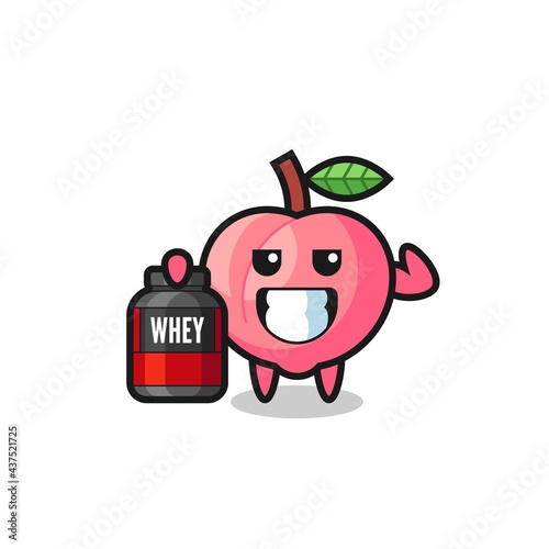the muscular peach character is holding a protein supplement