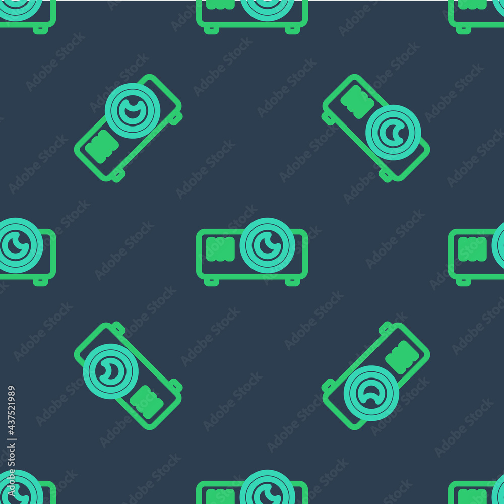 Line Presentation, movie, film, media projector icon isolated seamless pattern on blue background. Vector