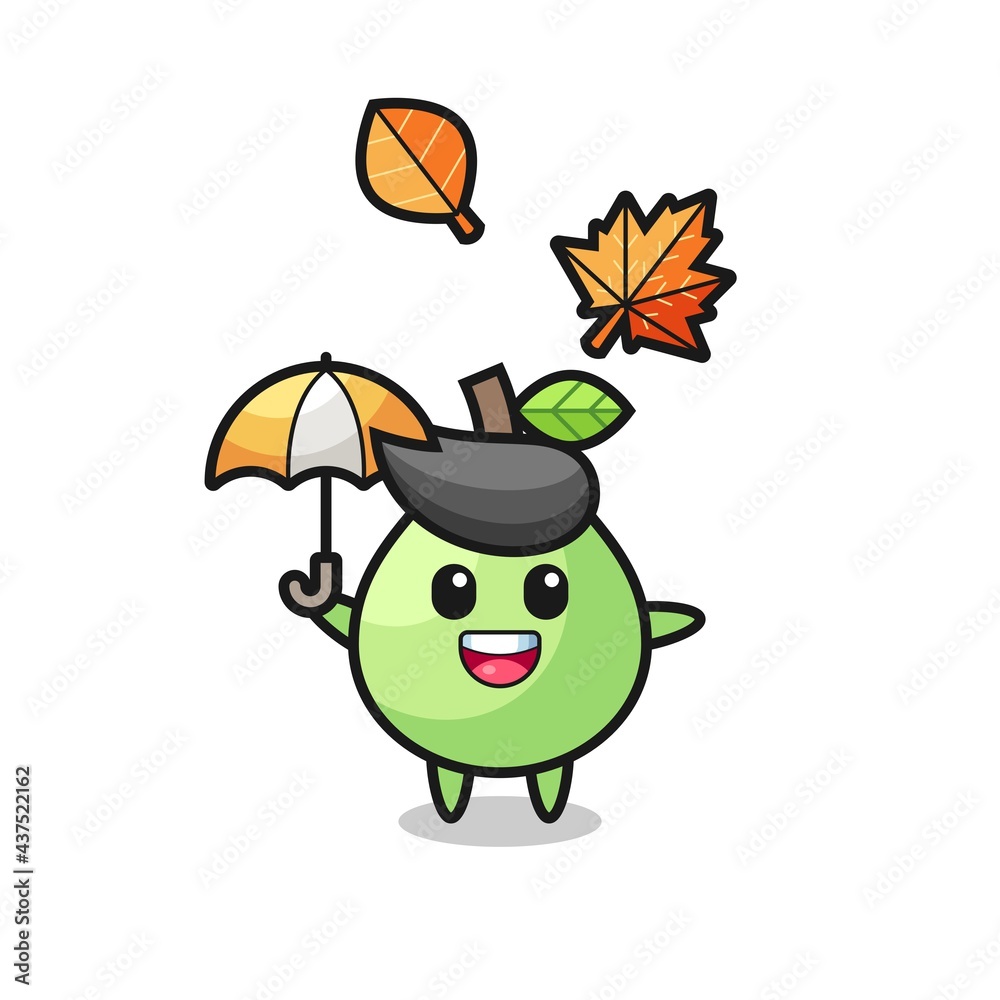 cartoon of the cute guava holding an umbrella in autumn