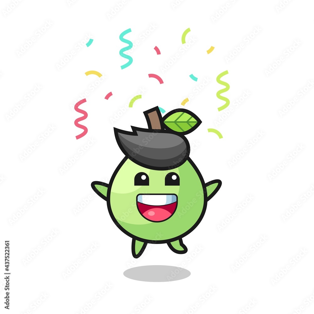 Obraz premium happy guava mascot jumping for congratulation with colour confetti