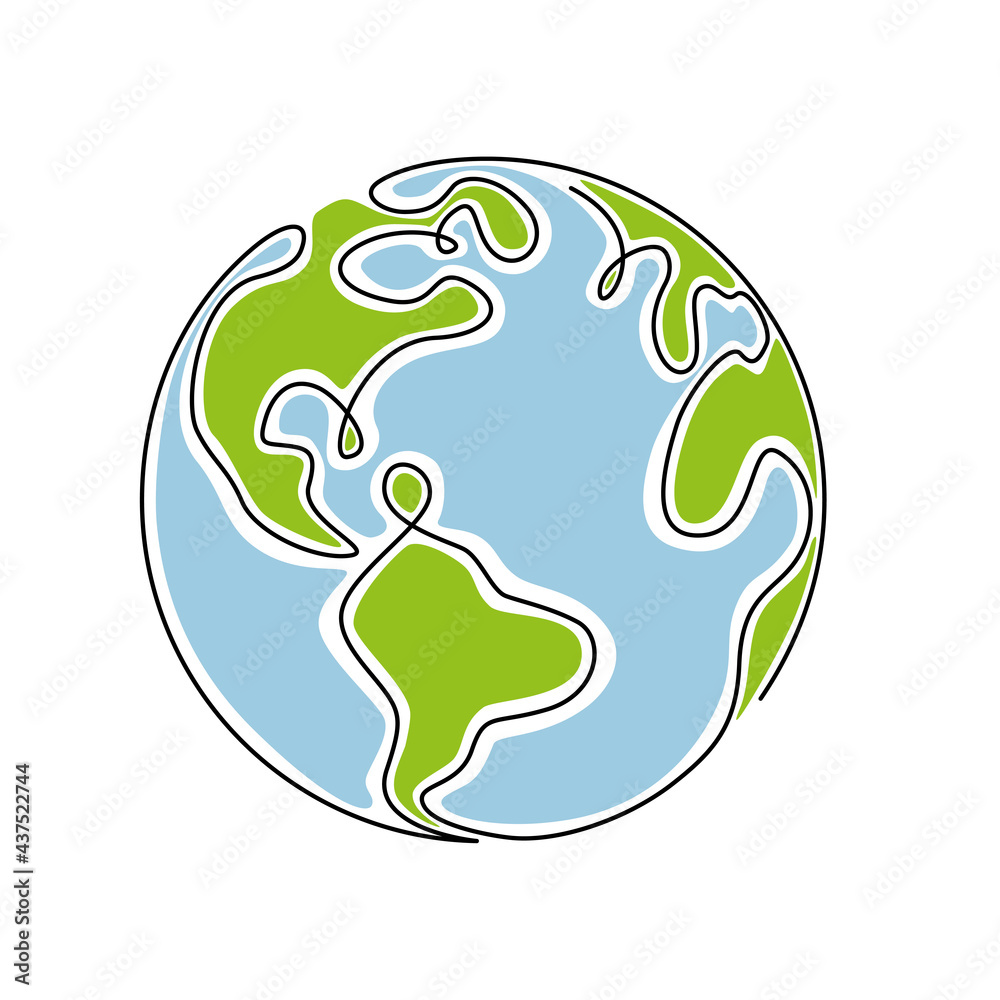 Earth globe in one continuous line drawing.Round World map in simple doodle style.Infographic territory geography presentation isolated on white background. Editable stroke.Color Vector illustration Earth globe in one continuous line drawing.Round World map in simple doodle style.Infographic territory geography presentation isolated on white background. Editable stroke.Color Vector illustration