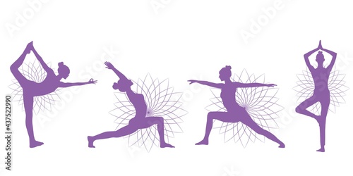 Set of healing yoga poses women icons decoration with flowers pattern. Yoga poses woman silhouette. Vector illustration. Card, logo, greeting, invitation and web design.