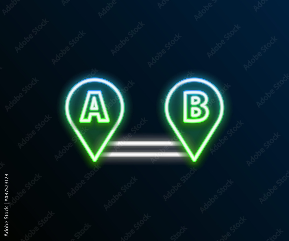 Glowing neon line Route location icon isolated on black background. Map pointer sign. Concept of path or road. GPS navigator. Colorful outline concept. Vector Glowing neon line Route location icon isolated on black background. Map pointer sign. Concept of path or road. GPS navigator. Colorful outline concept. Vector