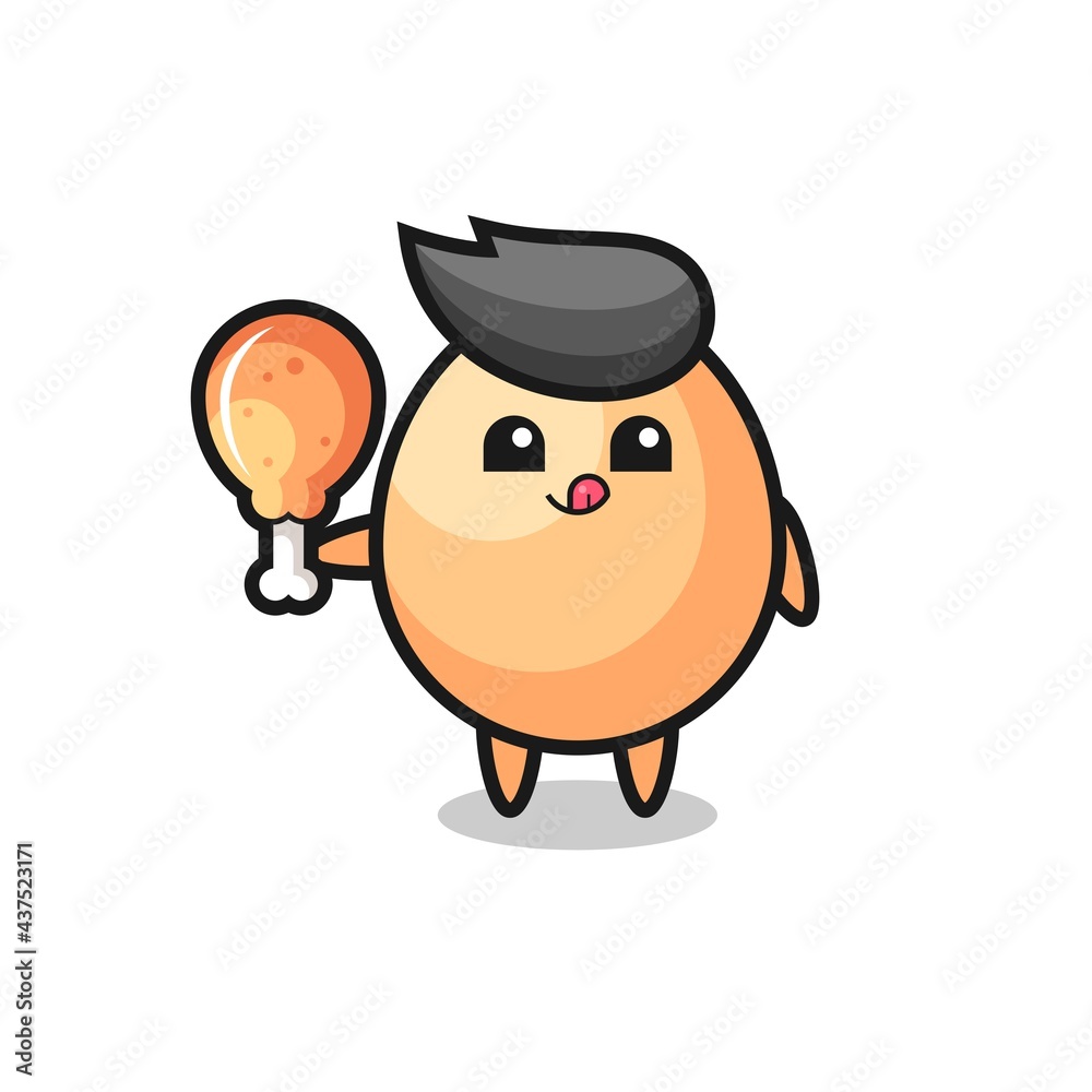 egg cute mascot is eating a fried chicken
