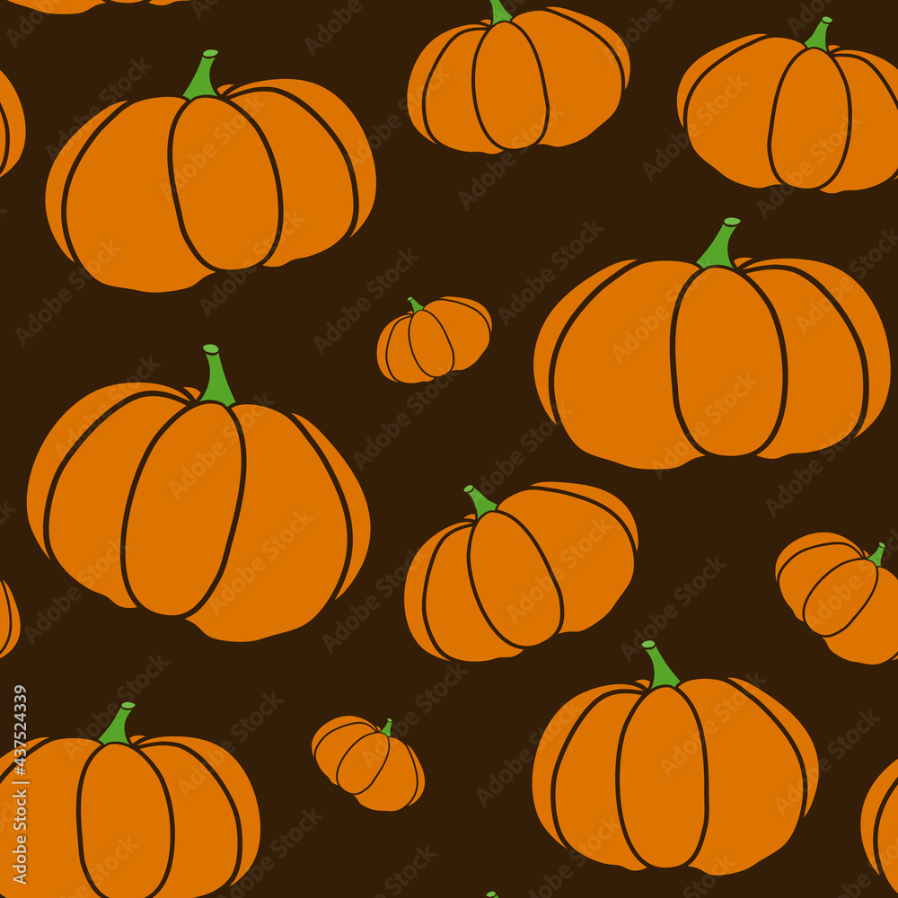 Pumpkin seamless texture in trendy autumn colors. Orange pumkin on brown background. EPS 10