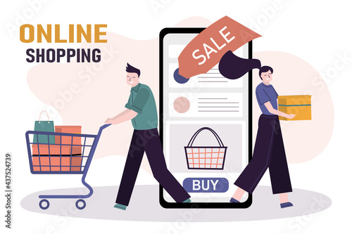 Customer rolls cart with various purchases. Online shopping application on mobile phone screen. Female character buys various goods at discount