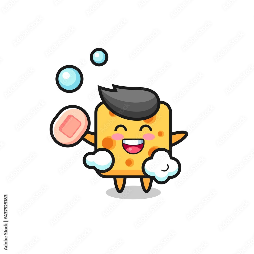 Fototapeta premium cheese character is bathing while holding soap