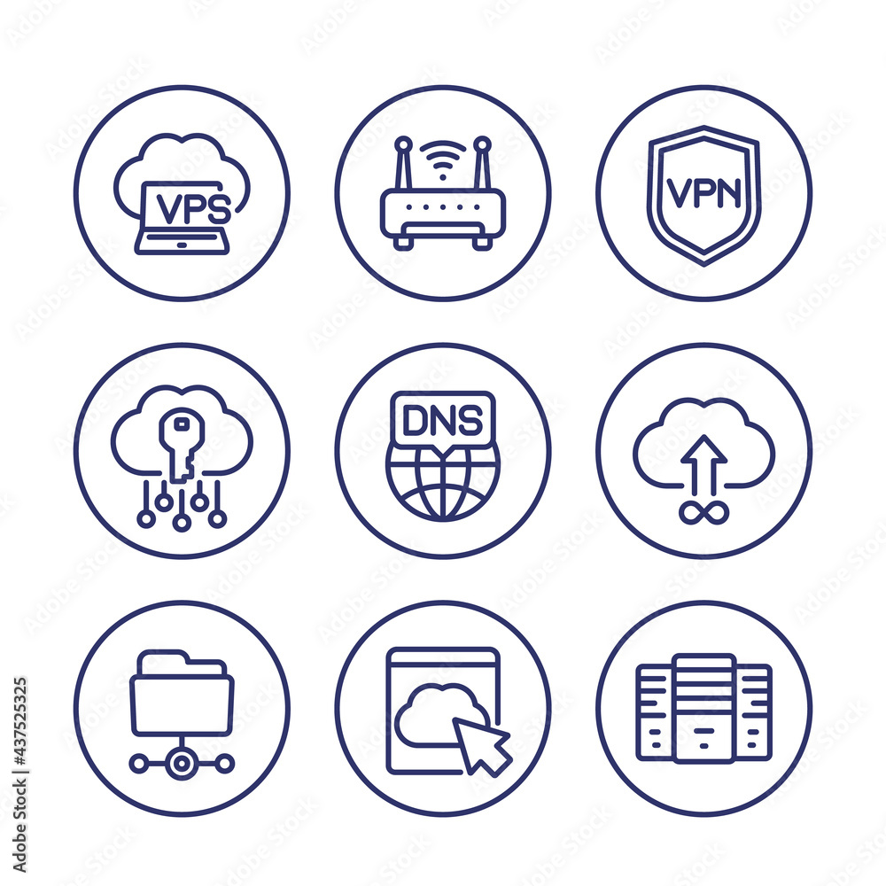 hosting, dns and vpn line icons set on white