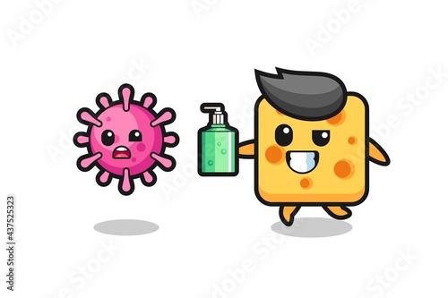 illustration of cheese character chasing evil virus with hand sanitizer © heriyusuf