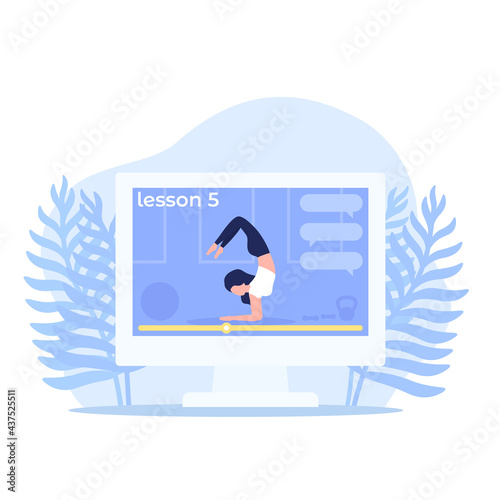 online yoga class, training woman vector illustration