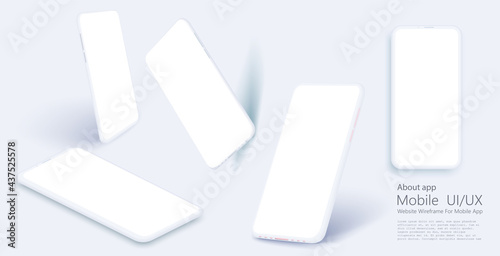 Smartphone frameless blank screen, rotated position. 3d isometric illustration cell phone. Smartphone perspective view. Minimalist modern clay mockup smartphones with colored background.
