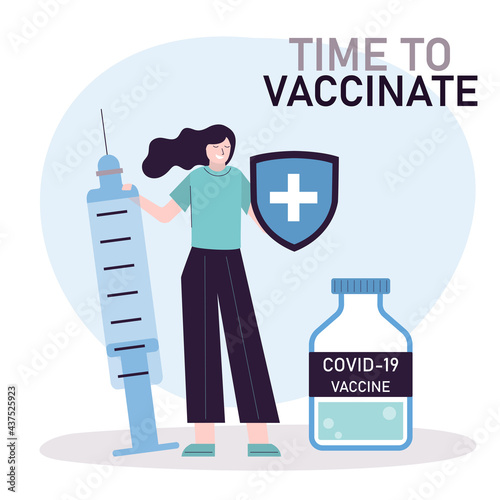 Girl holding syringe with dose of antiviral drug. Female medical worker vaccinating people. Idea of immunization and vaccination of people against covid-19