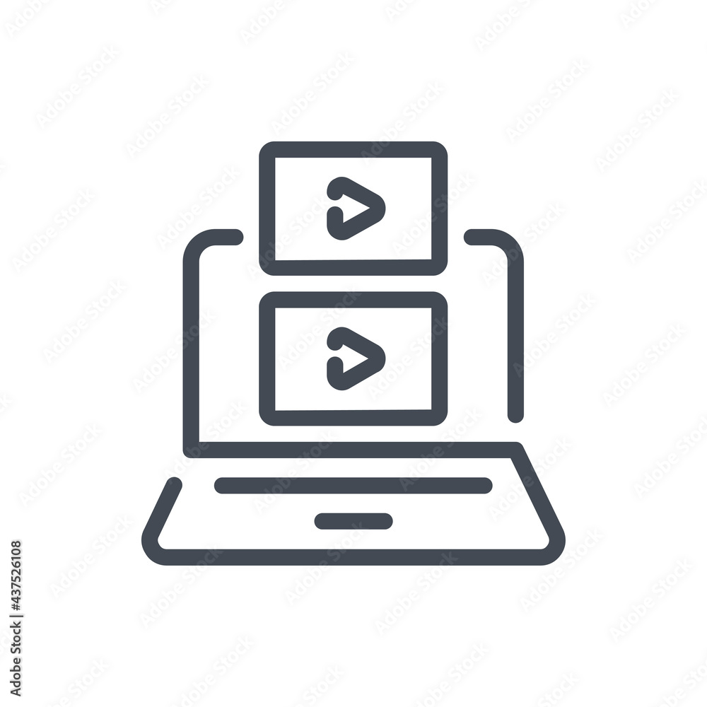 Laptop with list of online video line icon. Video player on computer vector outline sign. Laptop with list of online video line icon. Video player on computer vector outline sign.