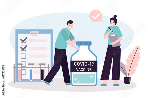 Medical workers testing vaccine against covid-19. Man holds tube with dose of antiviral drug. Idea of immunizing and vaccinating people against coronavirus
