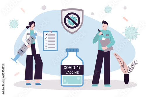 Medical workers testing vaccine against coronavirus. Woman hold syringe with dose of antiviral drug. Man writing down check results