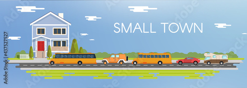 Flat city vector illustration set. Blue house on coutryside illustration. Camping van with bus and sport car. EPS 10.