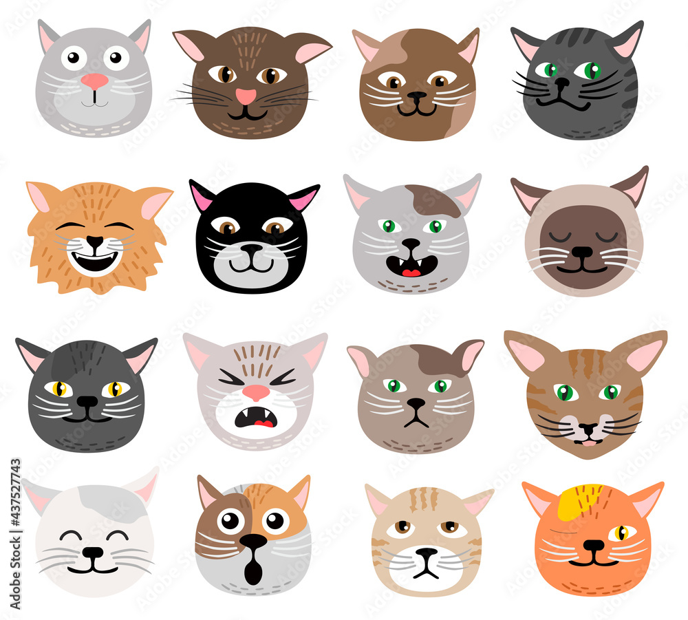 Funny cat face set vector illustration emotions. Cute animal face cat heads collection. Set of cute cats icons. Cats breeds, pattern, cards, game graphics. Drawing happy avatar doodle sticker.
