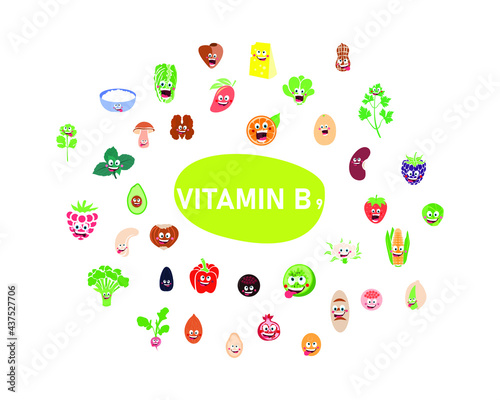 Vitamins in products. Image of food products containing vitamins B9. Vitamins in food. A healthy and nutritious diet.