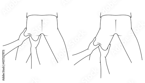 Massage. Yumeiho therapy line. Instructions for performing massage techniques, kneading the thigh muscles. Simple vector illustration for physical therapy guidelines, websites and prints.