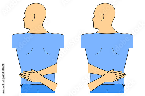 Massage. Yumeiho therapy. Instructions for performing massage techniques, kneading the muscles of the lower back. Simple vector illustration for physical therapy guidelines, websites and prints.