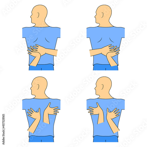 Massage. Yumeiho therapy. Instructions for performing massage techniques, kneading the back muscles. Simple vector illustration for physical therapy guidelines, websites and prints.