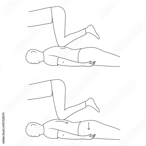 Massage. Yumeiho therapy line. Instructions for performing massage techniques, kneading the back muscles with your knees. Simple vector illustration for physical therapy guidelines, websites and