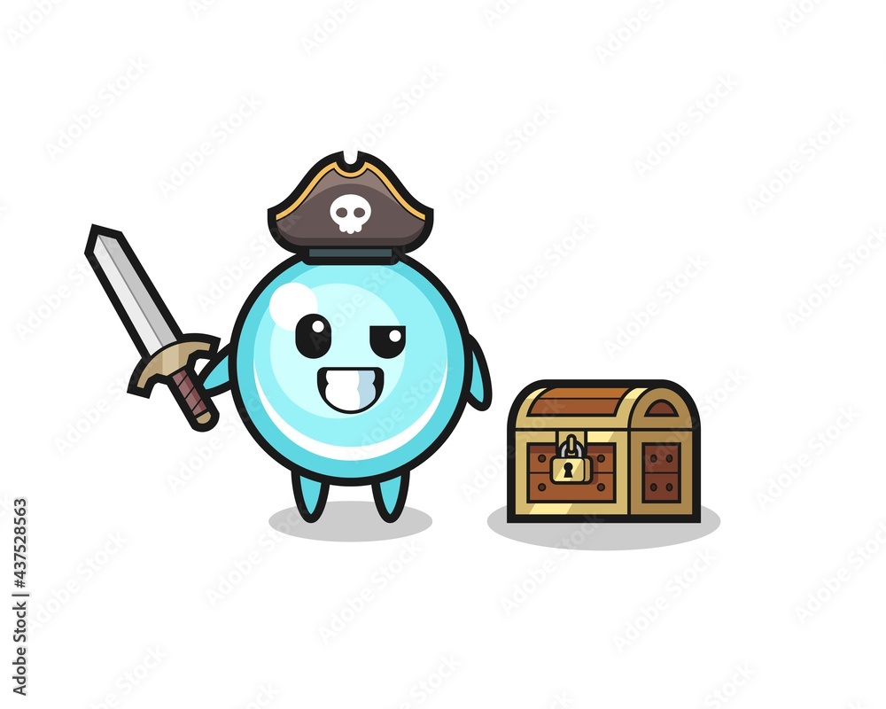 the bubble pirate character holding sword beside a treasure box