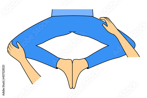 Massage. Yumeiho therapy. Instructions for performing massage techniques, stretching the muscles of the pelvis and legs. Simple vector illustration for physical therapy guidelines, websites, prints.