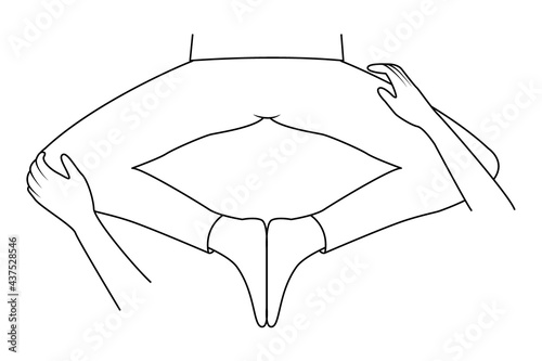 Massage. Yumeiho therapy line. Instructions for performing massage techniques, stretching the muscles of the pelvis and legs. Simple vector illustration for physical therapy guidelines, websites