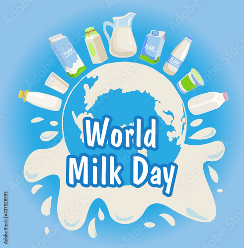 World milk day with blue background vector illustration. Dairy products, splashes of milk.