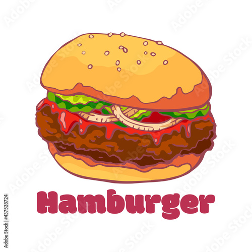 Tasty juicy greasy hamburger. American cuisine. Burger with beef patty  ketchup  pickled cucumbers and onions. Fast food. Hand drawing.