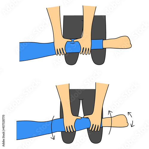Massage. Yumeiho therapy. Instructions for performing massage techniques, kneading the leg muscles, rotating the legs. Simple vector illustration for physical therapy guidelines, websites and prints.