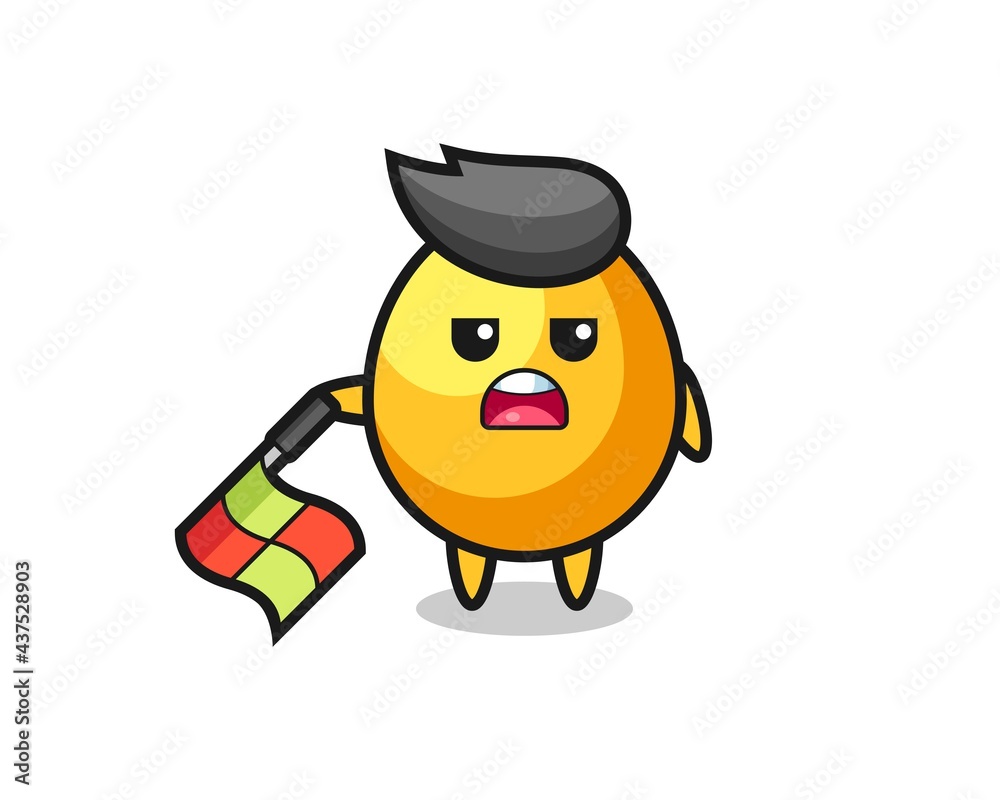 golden egg character as line judge hold the flag down at a 45 degree angle