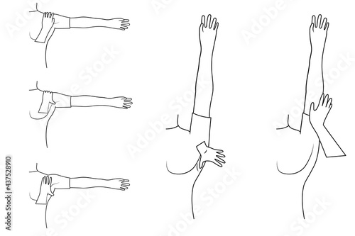 Massage. Yumeiho therapy line set. Instructions for performing massage techniques, kneading the pectoral muscles. Simple vector illustration for physical therapy guidelines, websites and prints.