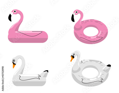Flamingo and swan inflatable swimming pool floats. Vector illustration. Rings for swimming. Set of swimming rings. Inflatable rubber toy. Swimming circles with various shapes.