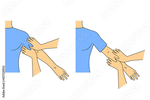 Massage. Yumeiho therapy. Instructions for performing massage techniques, kneading the muscles of the hands. Simple vector illustration for physical therapy guidelines, websites and prints.