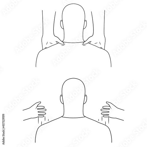 Massage. Yumeiho therapy line. Instructions for performing massage techniques, relaxing and kneading the trapezius muscle. Simple vector illustration for physical therapy guidelines, websites and