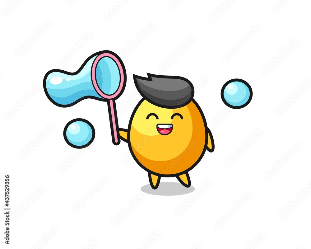 Fototapeta premium happy golden egg cartoon playing soap bubble