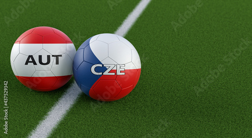 Austria vs. Czech Republic Soccer Match - Leather balls in Austria and Czech Republic national colors on a soccer field. Copy space on the right side - 3D Rendering 