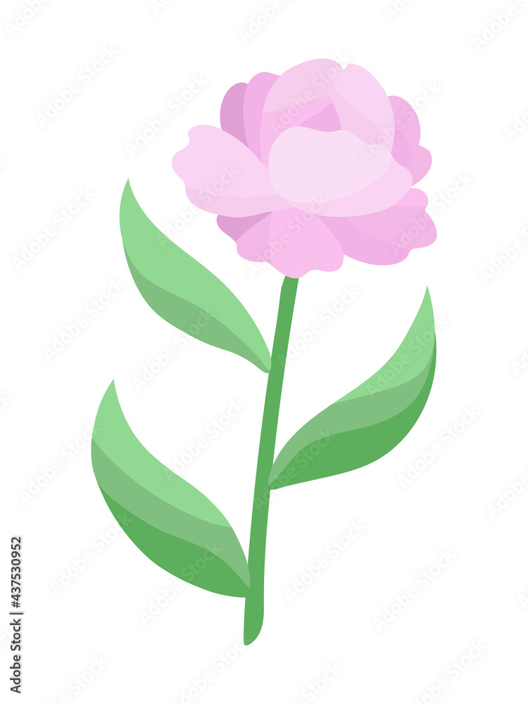Peony flower in cartoon style in pale pink and green colors. Soft, delicate, botanical, floral illustration. Vector natural design element. Clipart for decoration, print, poster, card, cover, label