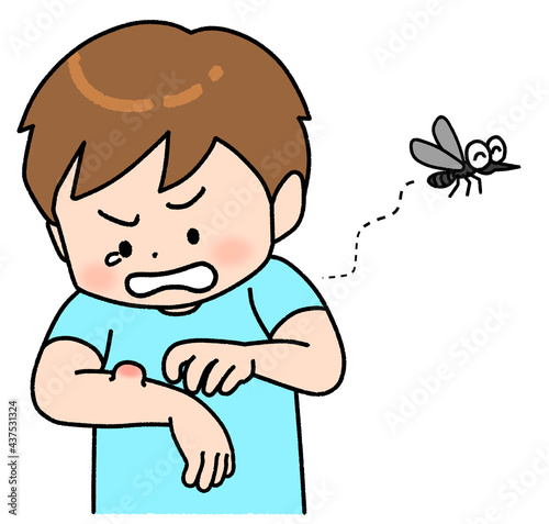 虫に刺されて泣きそうな男の子のイラスト