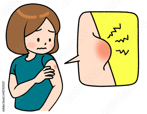 腕にできものができた女の子のイラスト