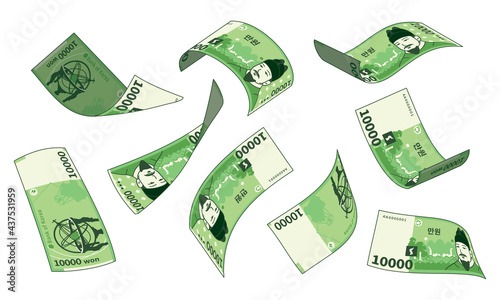 Korean currency, different types set of falling paper money. South Korean 10,000 won.
