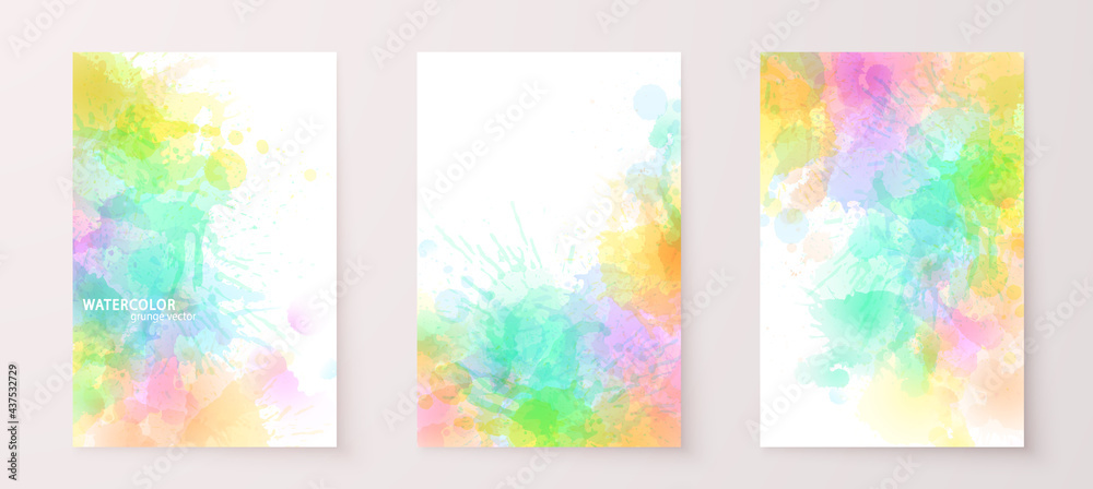 Watercolor effect vector stains. Grunge splatter backgrounds set. Paint stains. Watercolor splatter colorful posters, wall art or greeting cards. Grunge rainbow paint drops overlay.