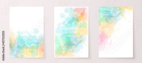 Watercolor effect vector stains. Grunge splatter backgrounds set. Paint stains. Watercolor splatter. Happy Birthday greeting cards. Grunge colorful paint drops overlay.