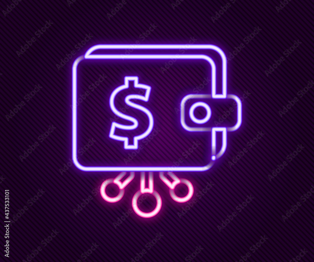 Glowing neon line Cryptocurrency wallet icon isolated on black background. Wallet and bitcoin sign. Mining concept. Money, payment, cash, pay icon. Colorful outline concept. Vector Glowing neon line Cryptocurrency wallet icon isolated on black background. Wallet and bitcoin sign. Mining concept. Money, payment, cash, pay icon. Colorful outline concept. Vector