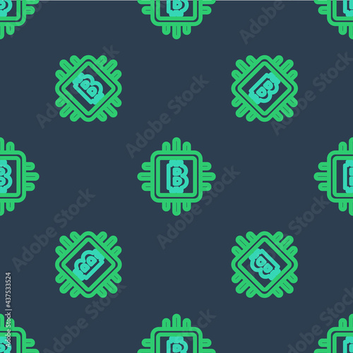 Line CPU mining farm icon isolated seamless pattern on blue background. Bitcoin sign inside processor. Cryptocurrency mining community. Digital money. Vector