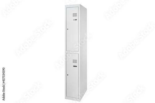 White lockers with silver numbers in bright interior. Change room metal box row