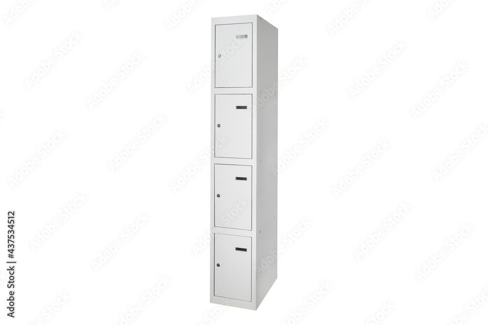White lockers with silver numbers in bright interior. Change room metal box row White lockers with silver numbers in bright interior. Change room metal box row
